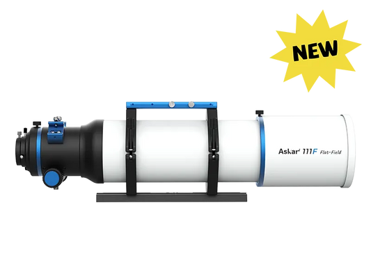 Askar 111F Flat-Field Astrograph telescope with a sleek optical tube and mounting accessories for astrophotography.