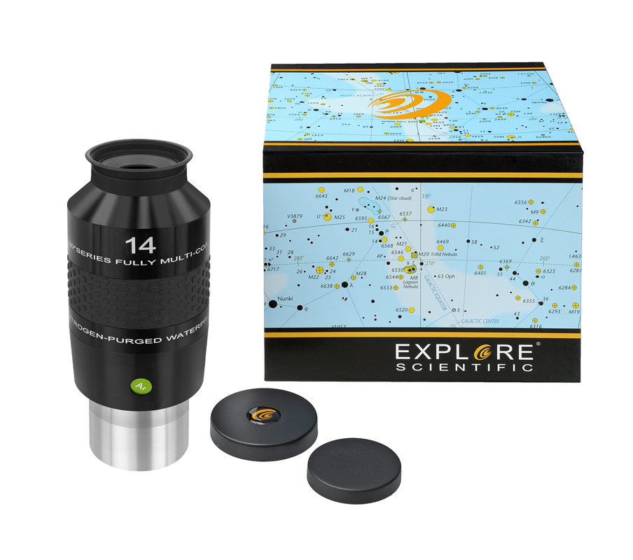 Explore Scientific 14mm 100° Ar eyepiece for telescopes, showing the wide-angle lens and 2-inch barrel.