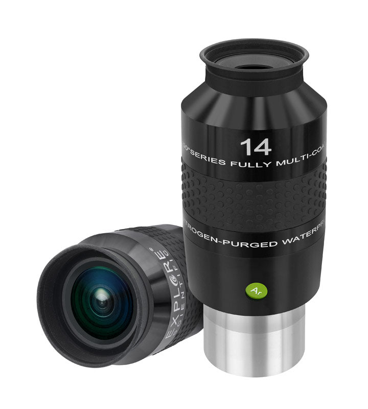 Explore Scientific 14mm 100° Ar eyepiece, 2-inch diameter, with wide field of view and high-quality optics for telescopes.