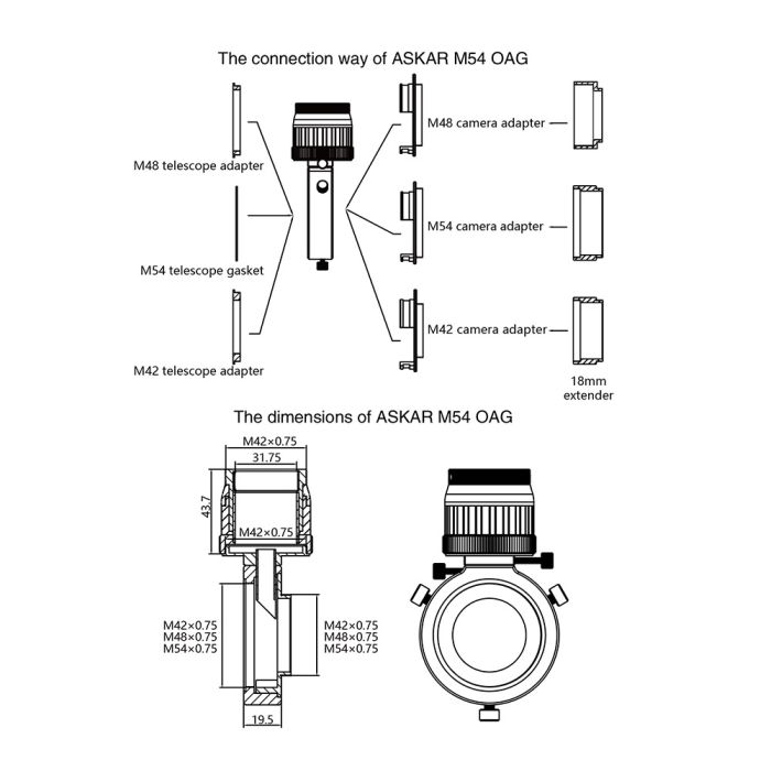 Askar Off-Axis Guider OAG with 1.25" Holder and M42, M48 & M54 Threads - EDISLA