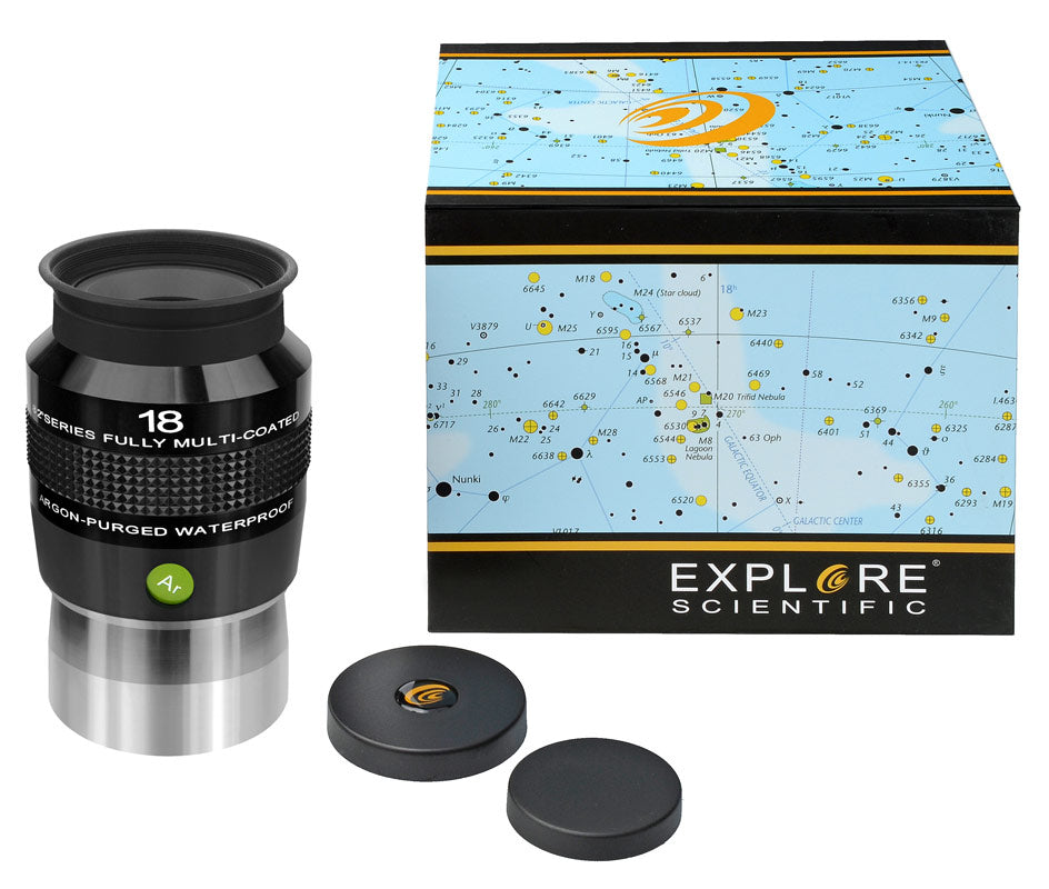 Explore Scientific 82° Ar 18mm eyepiece for telescopes, 2-inch diameter, with wide-angle viewing and high-quality optics.