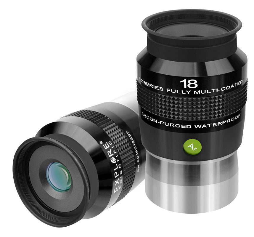 Explore Scientific 82° Ar 18mm eyepiece showing the 2-inch barrel and detailed focus ring for telescope viewing.