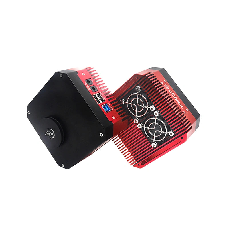 ZWO ASI183GT cooled astrophotography camera with compact design and sensor visible in the image.