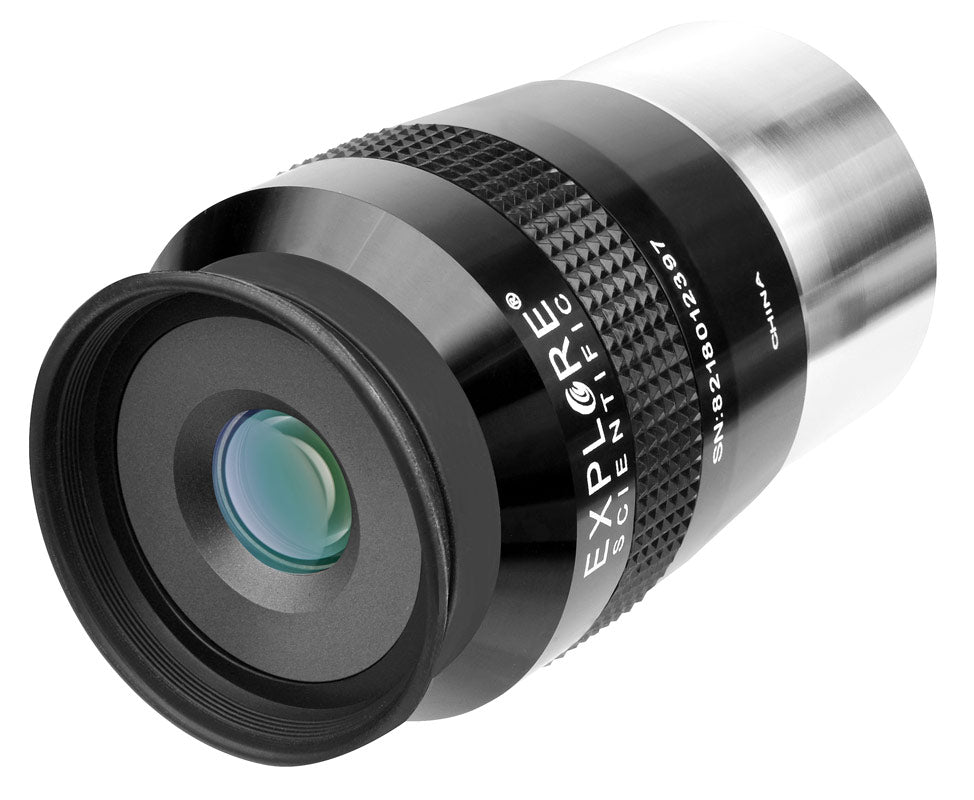 Explore Scientific 82° Ar 18mm eyepiece for telescopes, showing the 2-inch wide-angle optical design and brand label.