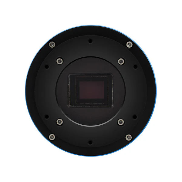 ToupTek Astro ATR432M mono camera with IMX432M sensor, featuring a compact design and lens attachment for astrophotography.