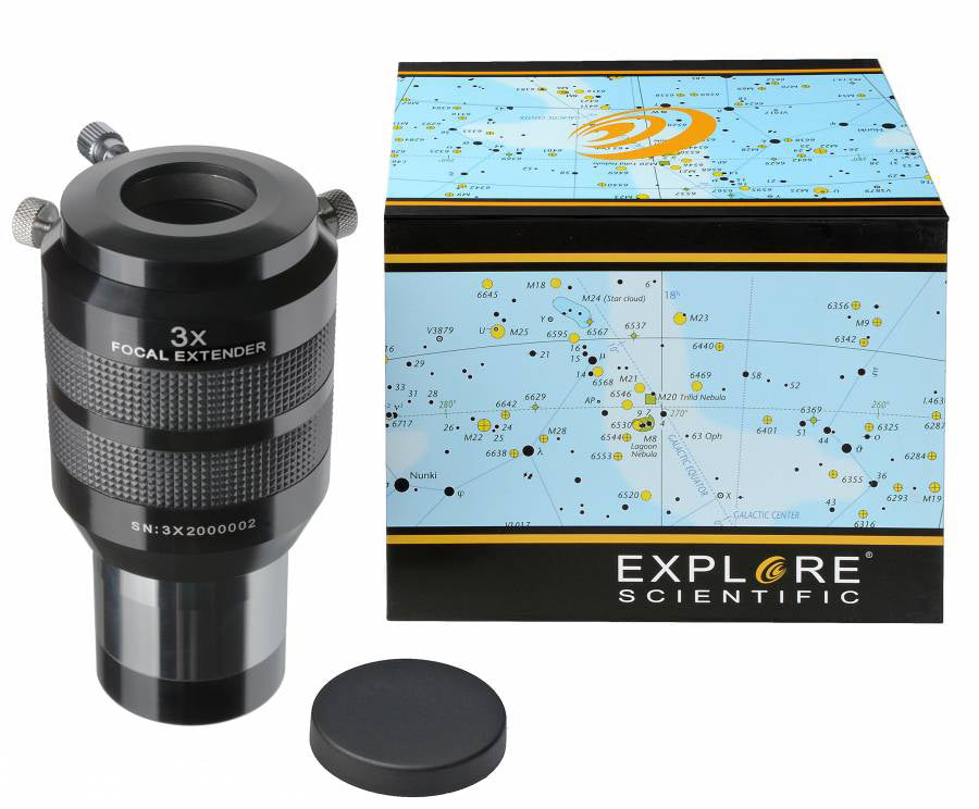 Explore Scientific 4 Element Telecentric 3x Tele Extender Barlow lens for eyepieces, with a 2-inch barrel and precise optical design.