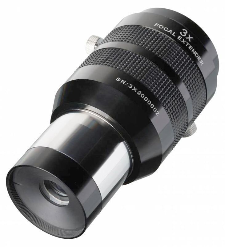 Explore Scientific 4 Element Telecentric 3x Tele Extender Barlow lens attached to telescope eyepiece for enhanced magnification.