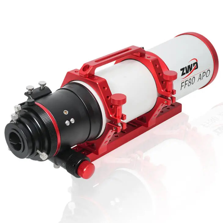 ZWO FF80-APO astrograph telescope with sleek optical tube and mounting accessories for astrophotography photography.