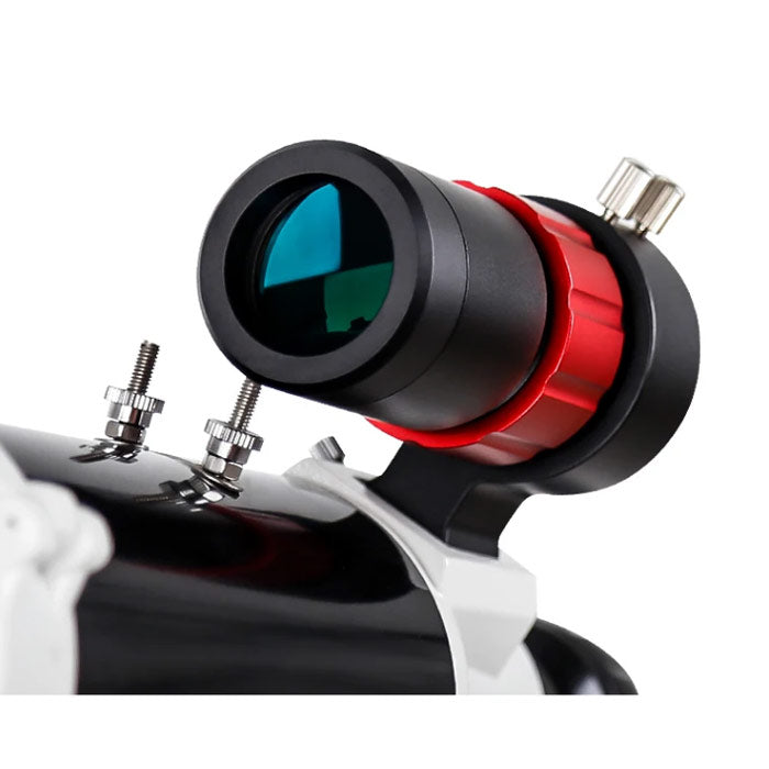 Angeleyes Mini 32mm guide scope mounted for astrophotography, showing the compact guide scope with optical lens and mounting bracket.