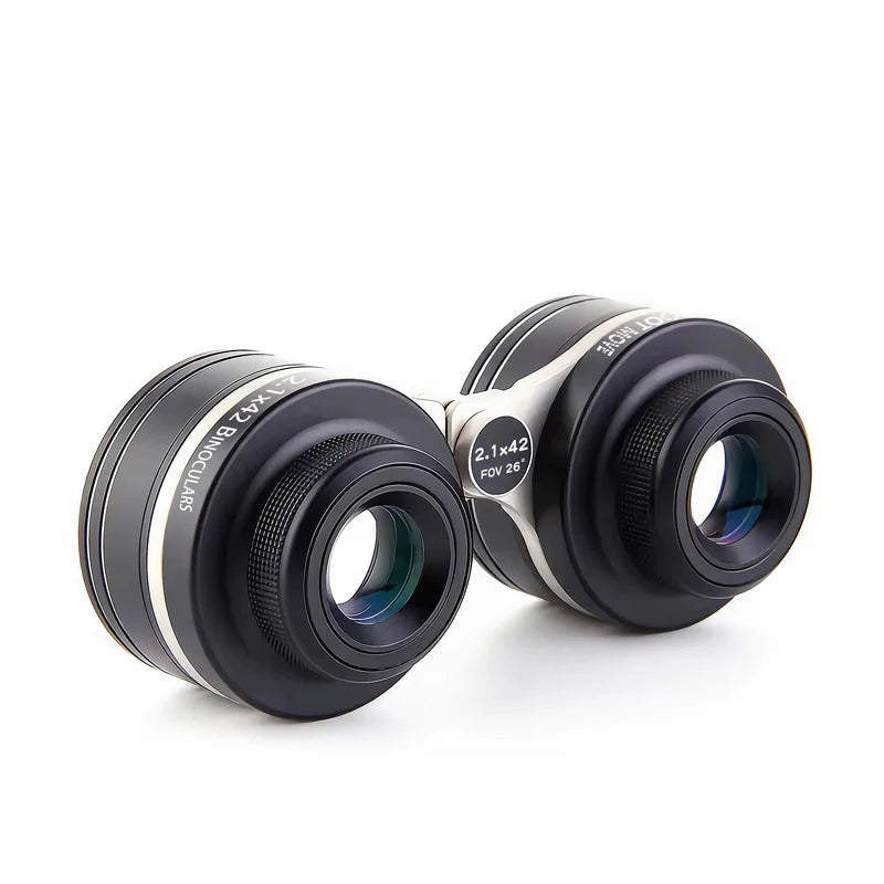 MSM binoculars for astrophotographers, 26° FOV, 2.1x magnification, 42mm lens, ideal for star observing and orienting.