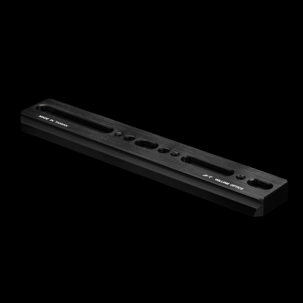 William Optics dual side dovetail plate for telescope accessories, showing metal construction and mounting slots