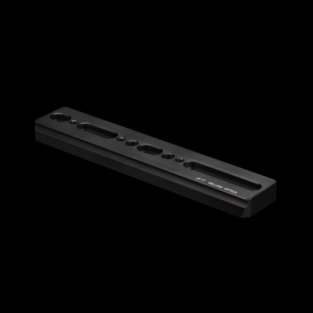 William Optics dual side dovetail plate for telescope accessories, showing sleek metal design with mounting slots.