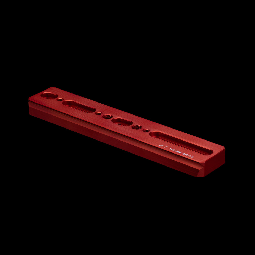 William Optics dual side dovetail plate for telescope accessories, showing a sturdy metal mounting plate with screw holes for secure attachment.