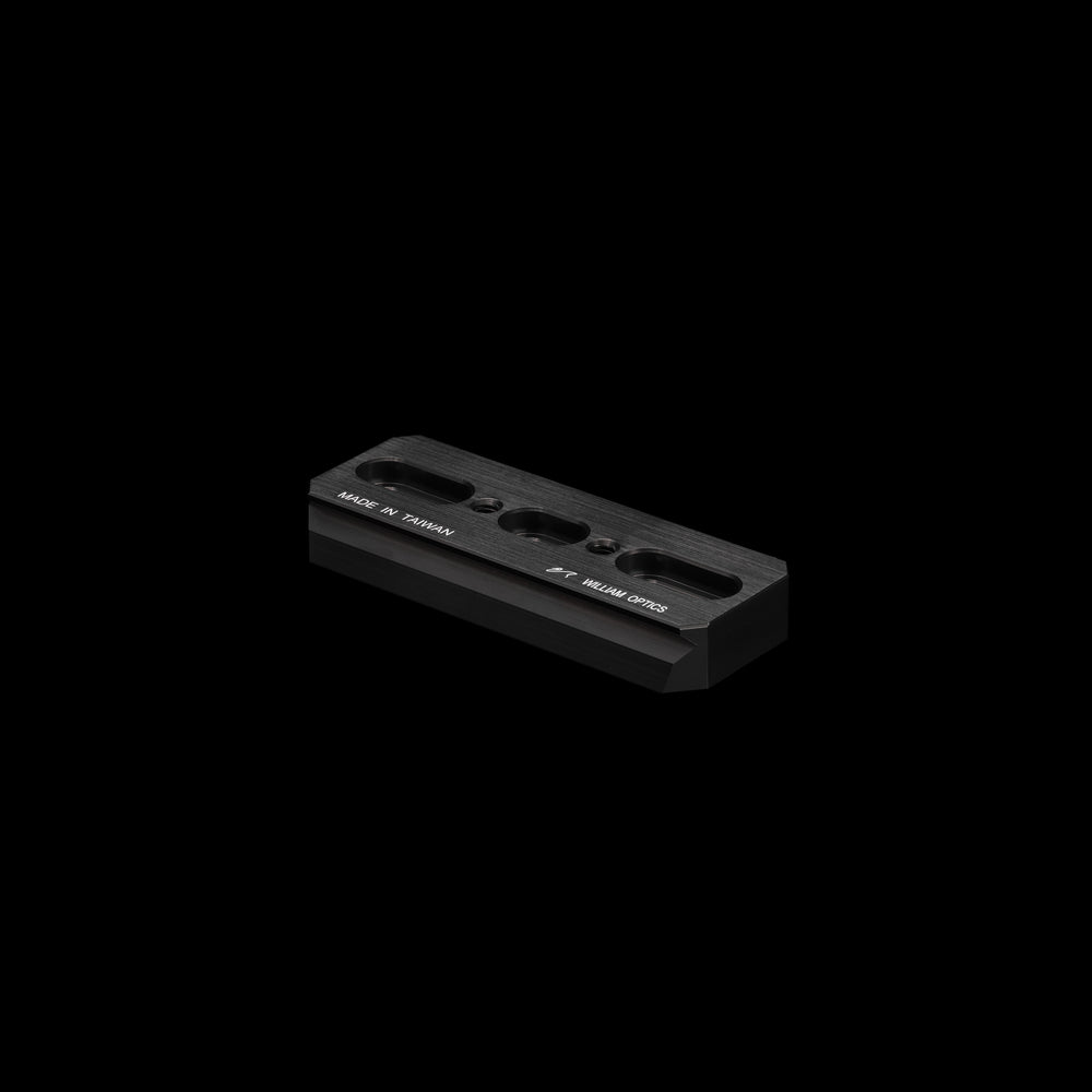 William Optics dual side dovetail plate for telescope accessories, showing a sleek metal mounting plate with precise screw holes.