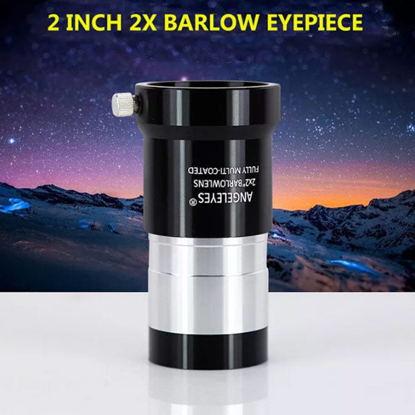 Angeleyes 2-inch 2x Barlow eyepiece enhances telescope magnification with a sturdy, black metal barrel and clear optical lenses.