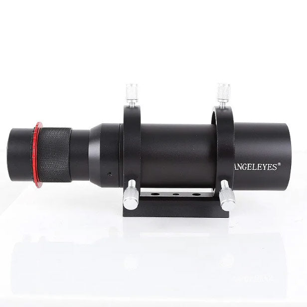 Angeleyes 50mm guide scope mounted on a telescope, showing the compact guide scope design for astrophotography.