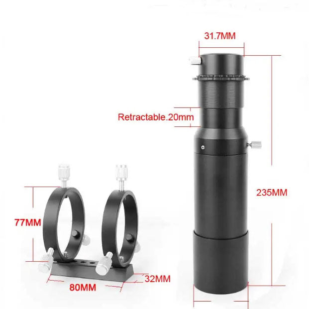 Angeleyes 50mm guide scope showing a black metal tube with mounting rings and lens, used for astrophotography guiding.