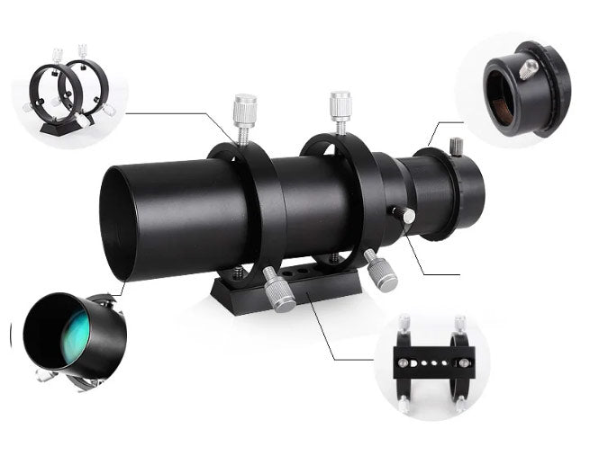 Angeleyes 50mm guide scope mounted on telescope, showing the cylindrical optical tube with mounting brackets and focus adjustment.