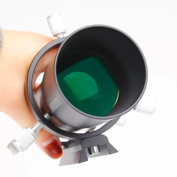 Angeleyes 60mm guide scope with green finish and helical focuser, mounted on a telescope for precise astrophotography guiding.
