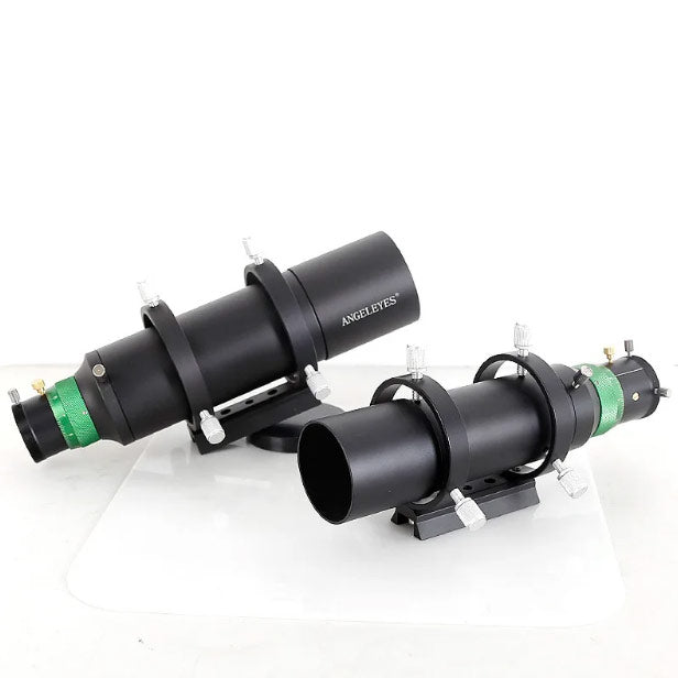 Angeleyes 60mm guide scope with green finish and helical focuser, used for precise astrophotography guiding.