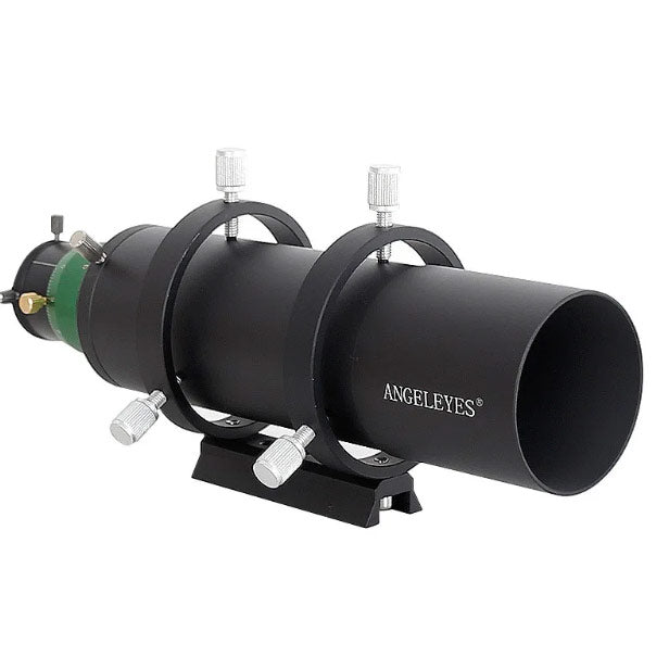 Angeleyes 60mm guide scope with green body and helical focuser for precise astronomical guiding and imaging.