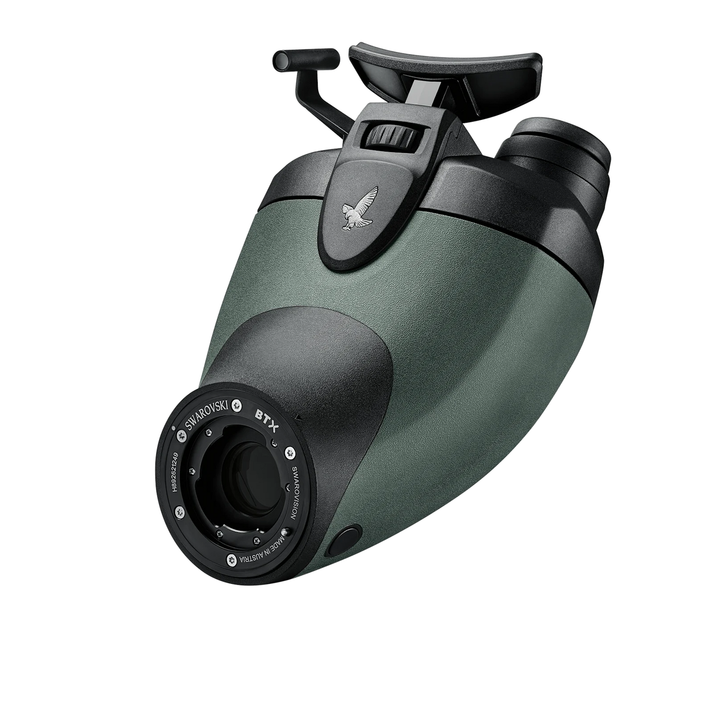 Swarovski BTX eyepiece module attached to spotting scope, featuring a sleek design and adjustable focus for outdoor birdwatching.