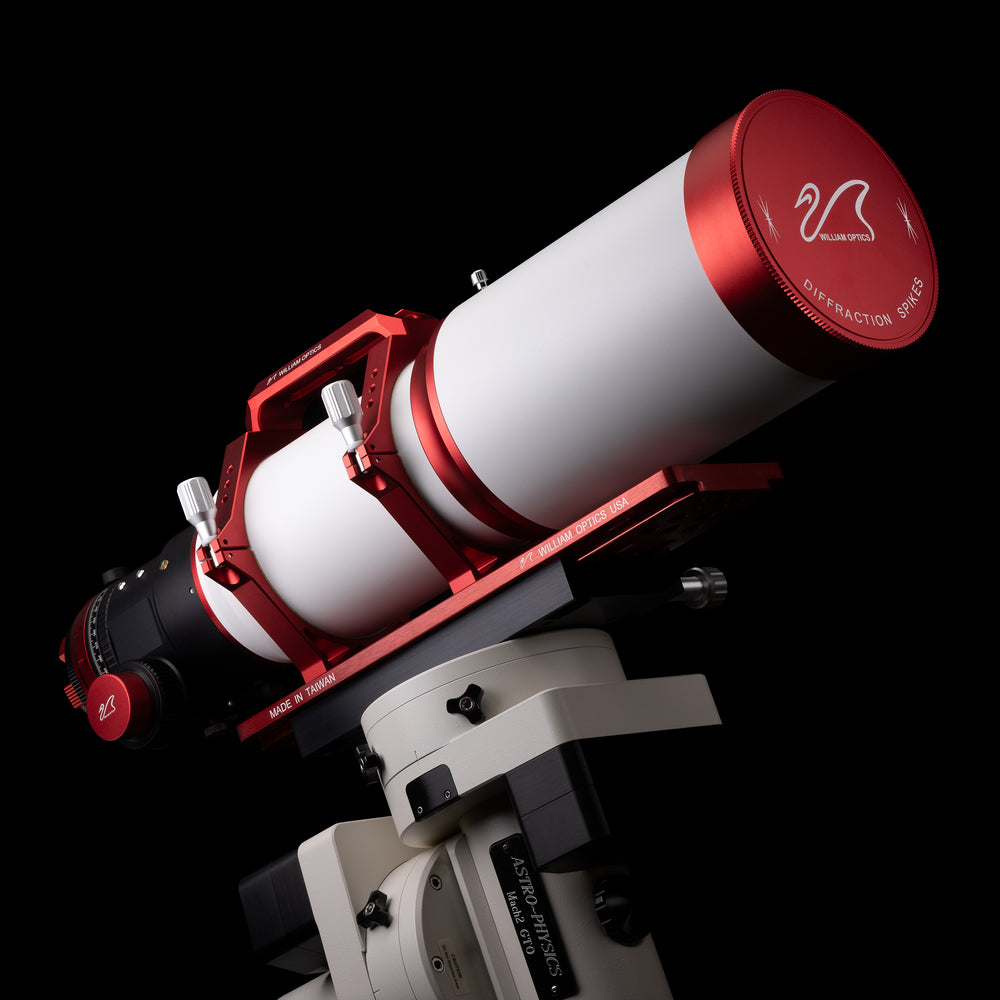 William Optics Fluorostar 120 telescope showing its sleek optical tube and focuser, ideal for astronomy enthusiasts.
