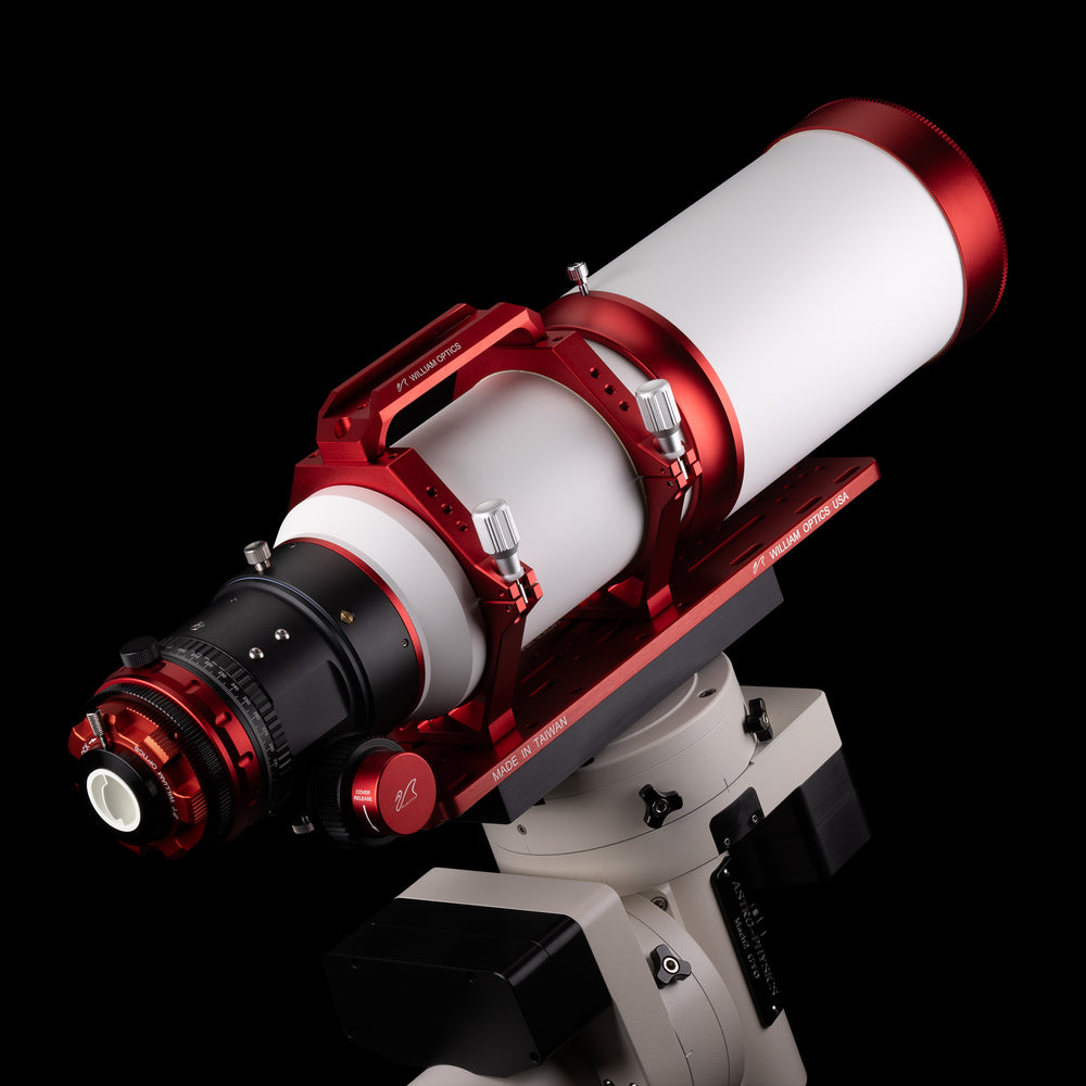 William Optics Fluorostar 120 telescope showing its optical tube, focuser, and aperture in a detailed view.