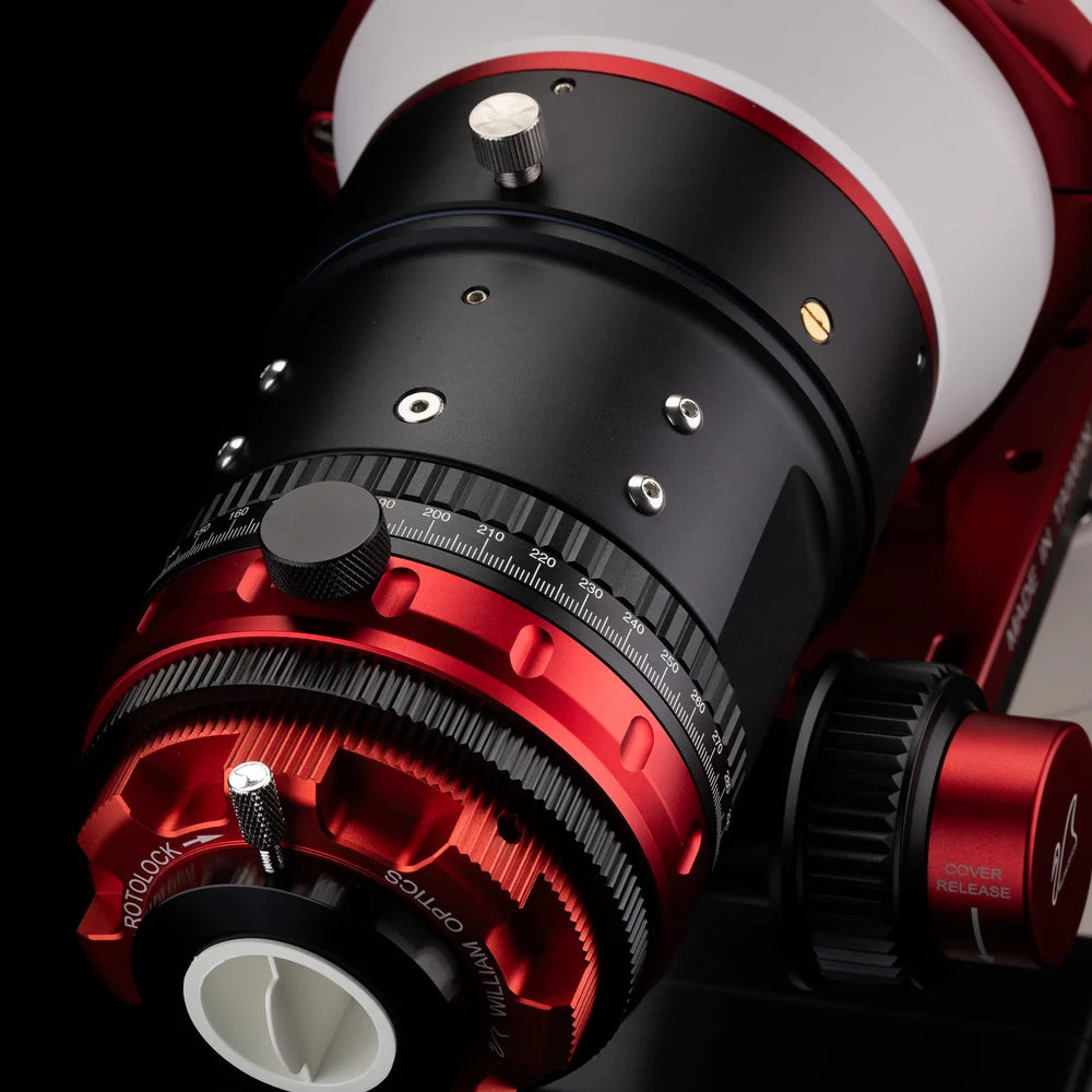 William Optics Fluorostar 120 telescope showing a sleek, black optical tube with focus knobs and mounting rings.