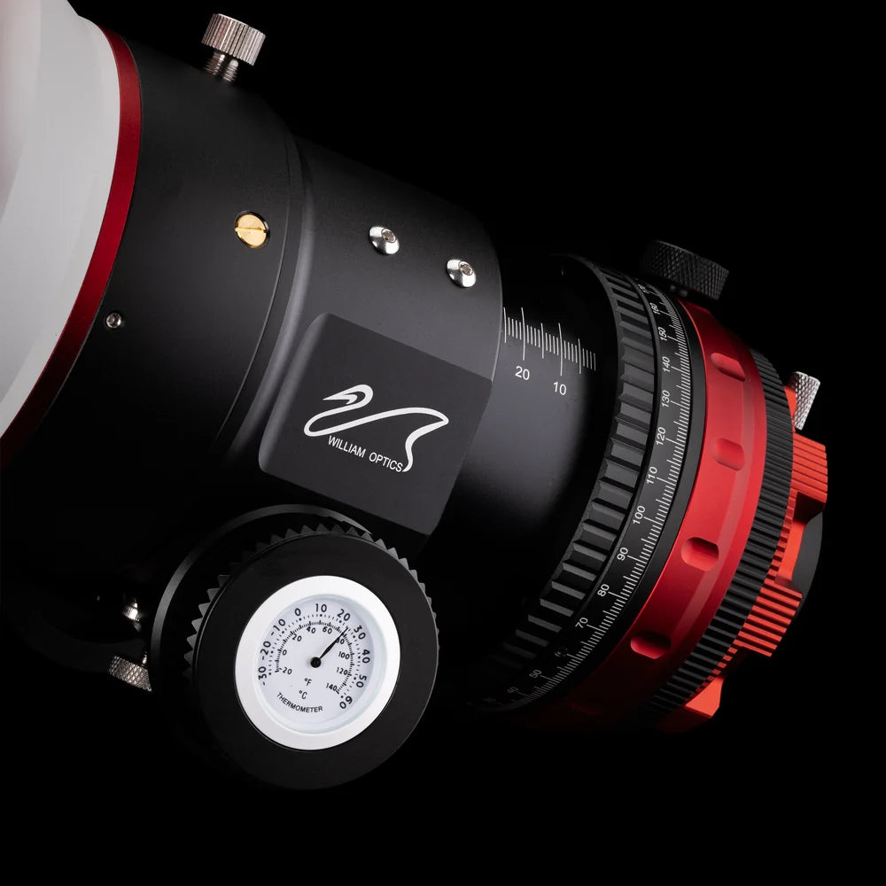 William Optics Fluorostar 120 telescope with large optical tube and adjustable focuser for astronomical observation.