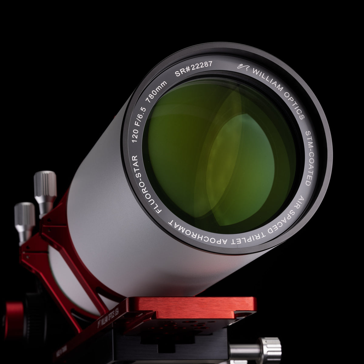 William Optics Fluorostar 120 telescope showing its optical tube and focuser, designed for high-quality astronomical observation.