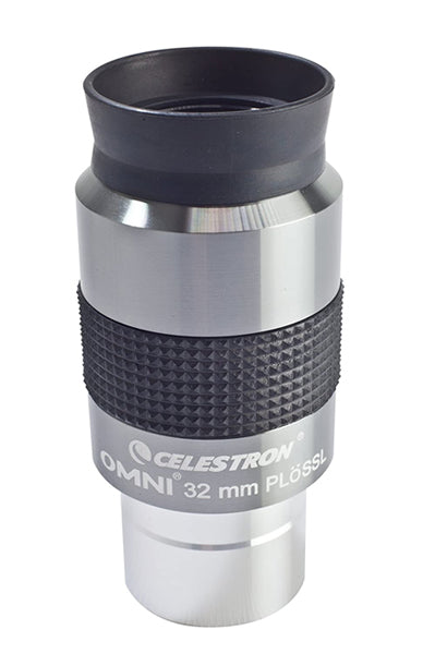 Celestron Omni 32mm Plossl 1.25-inch eyepiece showing the black metal body and clear glass lens for telescope viewing.