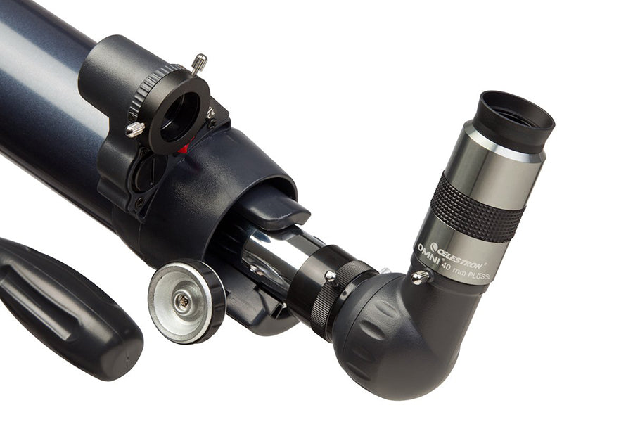 Celestron Omni 40mm Plossl 1.25-inch eyepiece showing the black metal body and lens elements for telescope viewing.