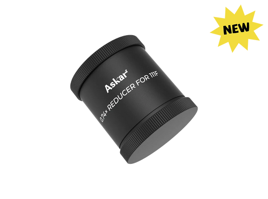 Askar 111F 0.74× reducer for telescope accessories, showing the compact optical device with threading and reflective surfaces.