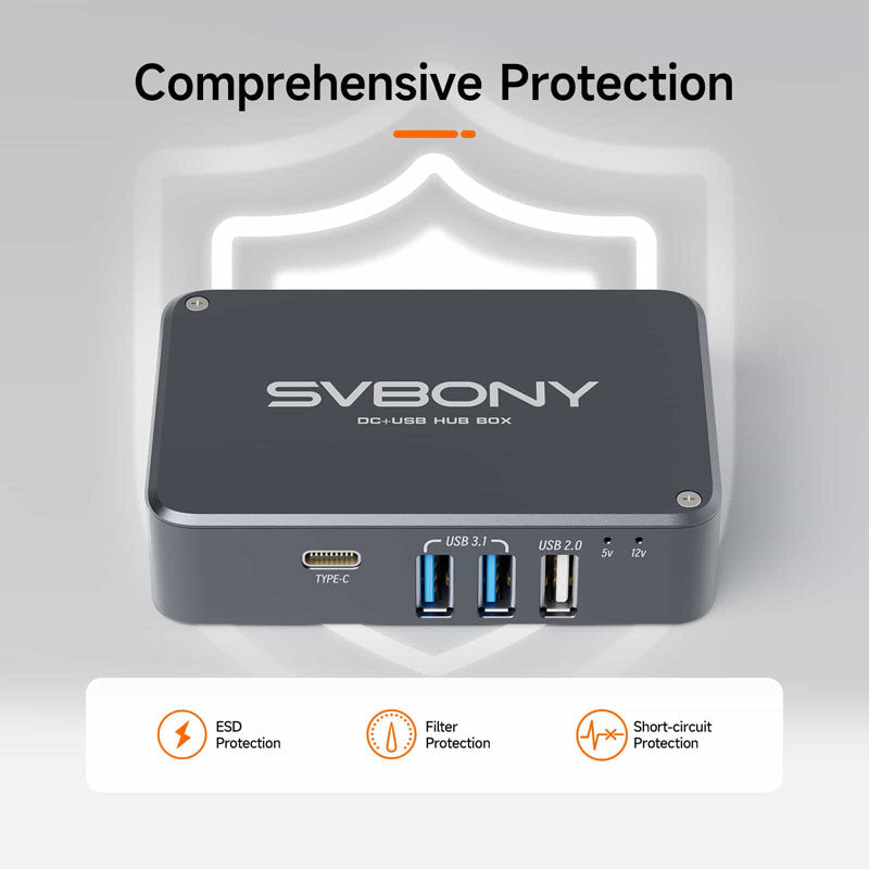 Svbony SV241 astronomy micro DC and USB hub box connected to computer equipment for astrophotography setups.