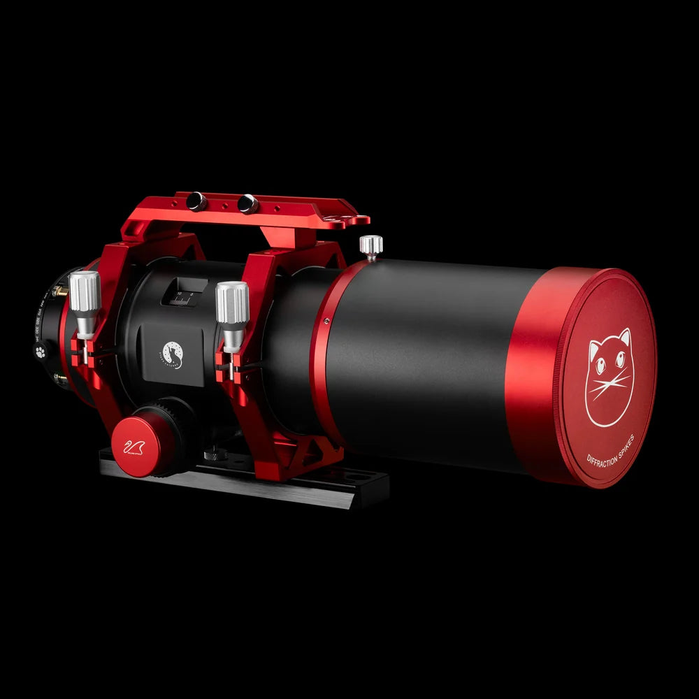 William Optics Ultra-Cat 76 astrograph telescope with sleek optical tube and mounting rings, designed for astrophotography and stargazing.