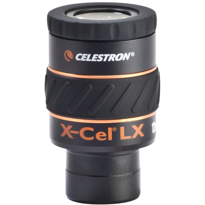 Celestron X-Cel LX 12mm eyepiece for 1.25-inch telescopes, showcasing the optical lens and barrel of the eyepiece.