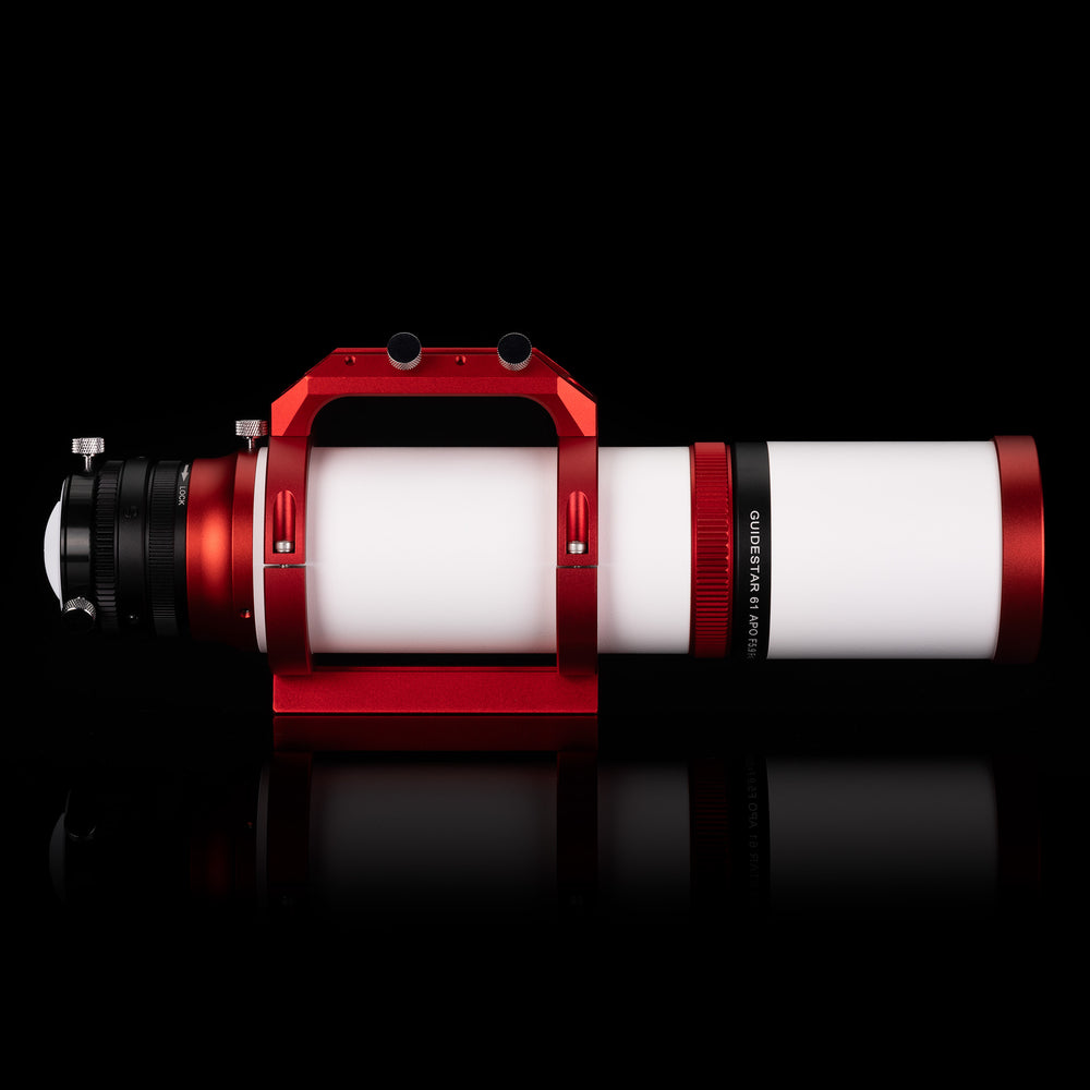 William Optics GuideStar 61 guide scope with adjustable eyepiece and sturdy mounting rail for astrophotography and celestial tracking.