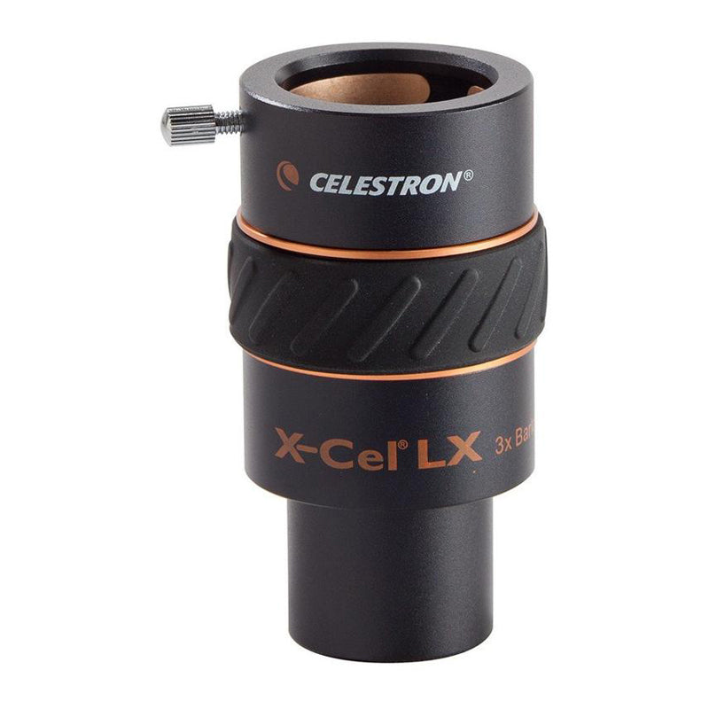 Celestron X-Cel 3x Barlow lens for 1.25-inch eyepieces, showing the compact optical device with brand markings and lens elements.