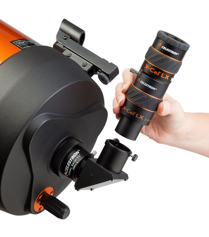 Celestron X-Cel 3x Barlow 1.25-inch eyepiece for telescope magnification, shown in black with branding details.