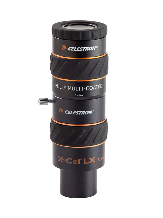 Celestron X-Cel 3x Barlow eyepiece in 1.25-inch size with black exterior, designed for astronomical telescopes.