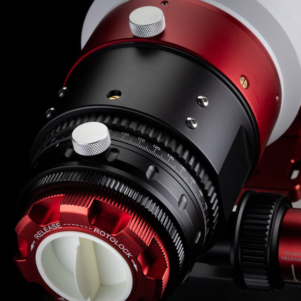 William Optics Fluorostar 132 telescope showing a sleek, professional refractor with adjustable lens and sturdy mount.