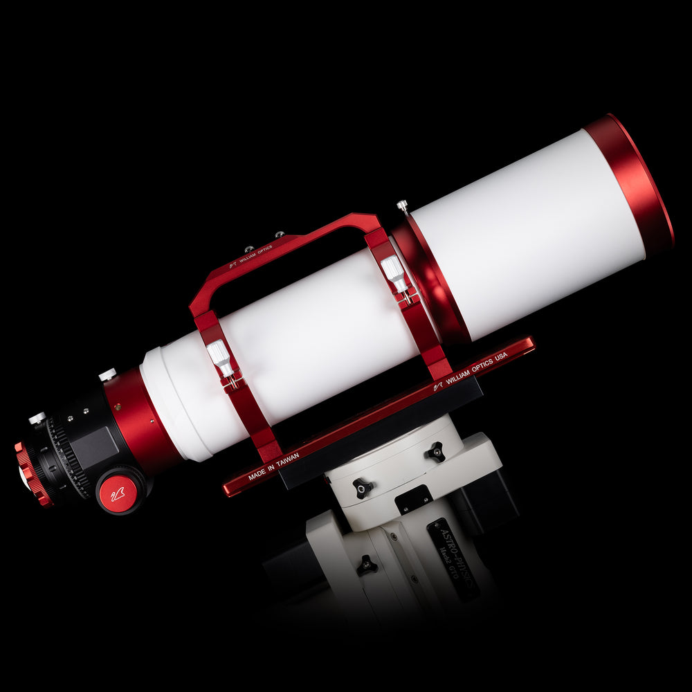 William Optics Fluorostar 132 telescope with sleek optical tube and mounting hardware, set against a neutral background.