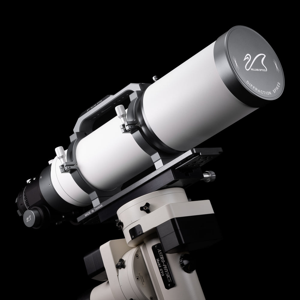 William Optics Fluorostar 132 telescope with sturdy mount and optical tube, showcasing its sleek design and high-quality build.