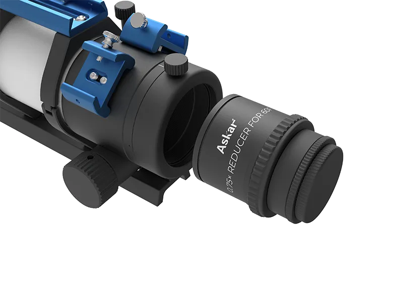 Askar 60F 0.75x reducer telescope accessory showing a metallic adapter for enhancing optical performance
