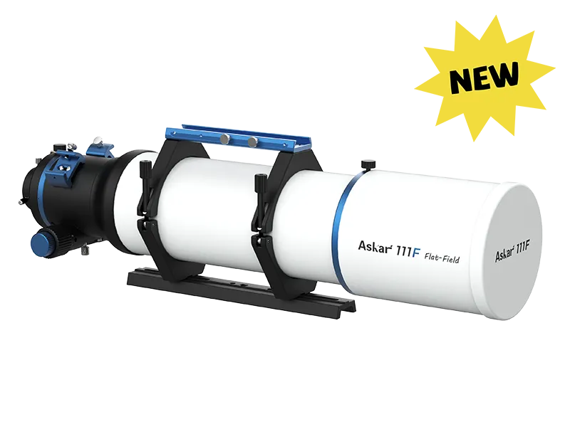 Askar 111F Flat-Field Astrograph telescope showing its sleek optical tube and mounting, designed for astrophotography and high-precision imaging.