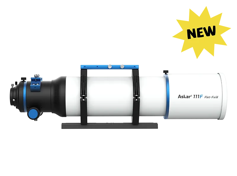 Askar 111F Flat-Field Astrograph telescope with a sleek optical tube and mounting accessories for astrophotography.