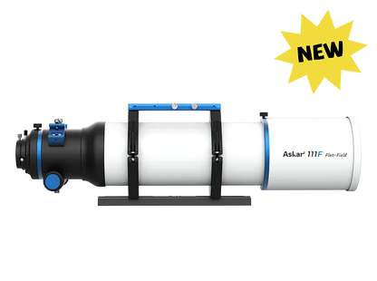 Askar 111F Flat-Field Astrograph telescope with a sleek optical tube and mounting accessories for astrophotography.