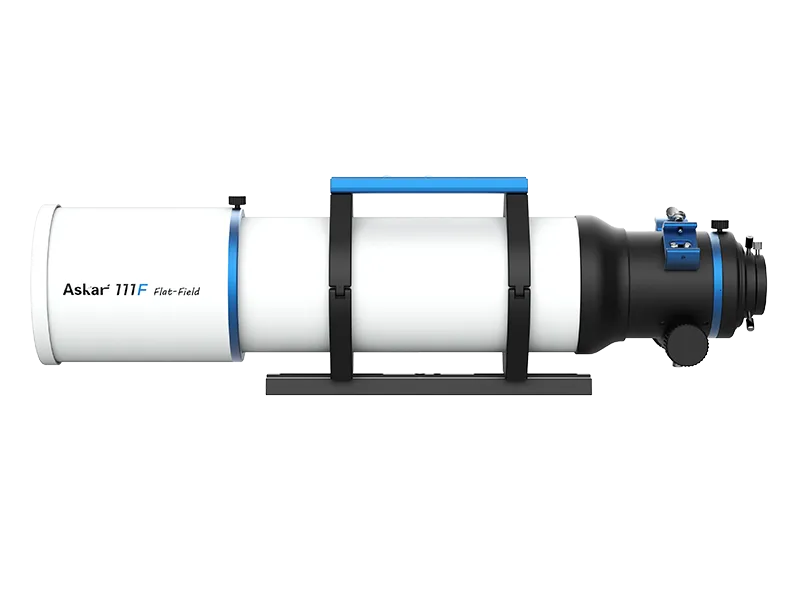 Askar 111F Flat-Field Astrograph telescope with a sleek optical tube and mounting setup for astrophotography.