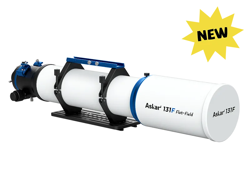 Askar 131F Flat-Field Astrograph telescope with a sleek optical tube and mounting accessories, designed for astrophotography.